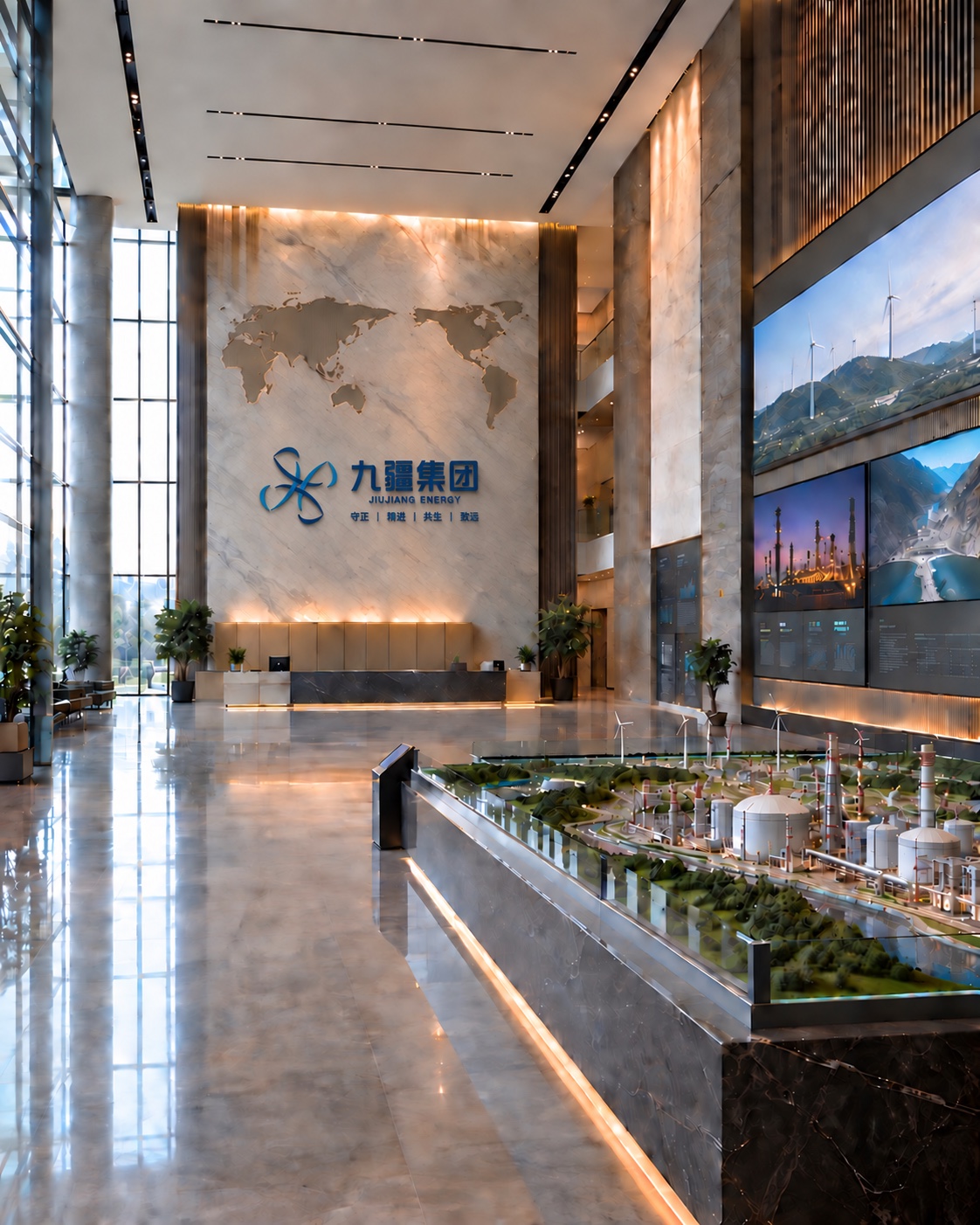 九疆集团展厅,世界地图上方与缩小比例的实体墙面标识板实景