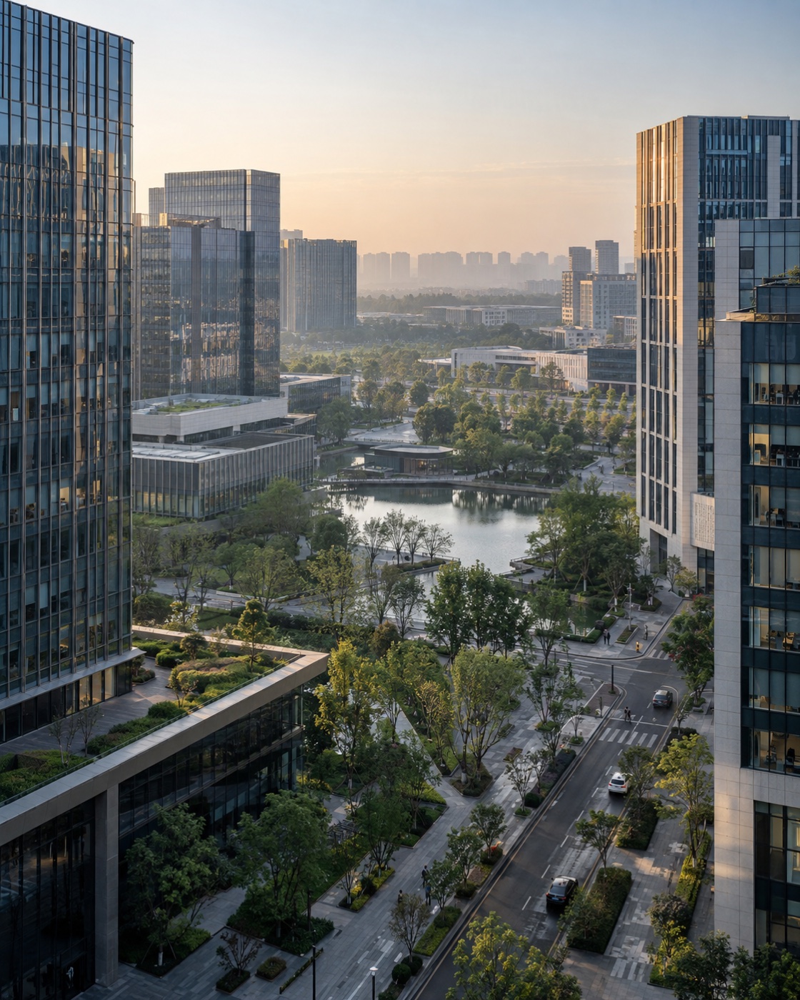 成都天府新区商务区清晨俯瞰景观示意图